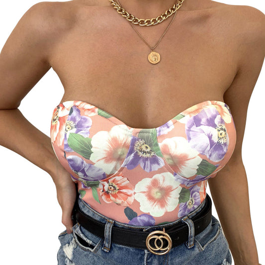 Women's tube top -back printing blossoms are thin wrapped chest top