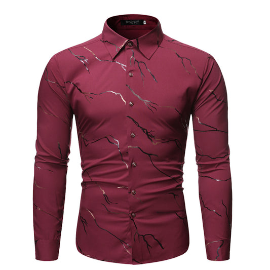 Men's Stand Collar Line Foil Print Long Sleeve Shirt